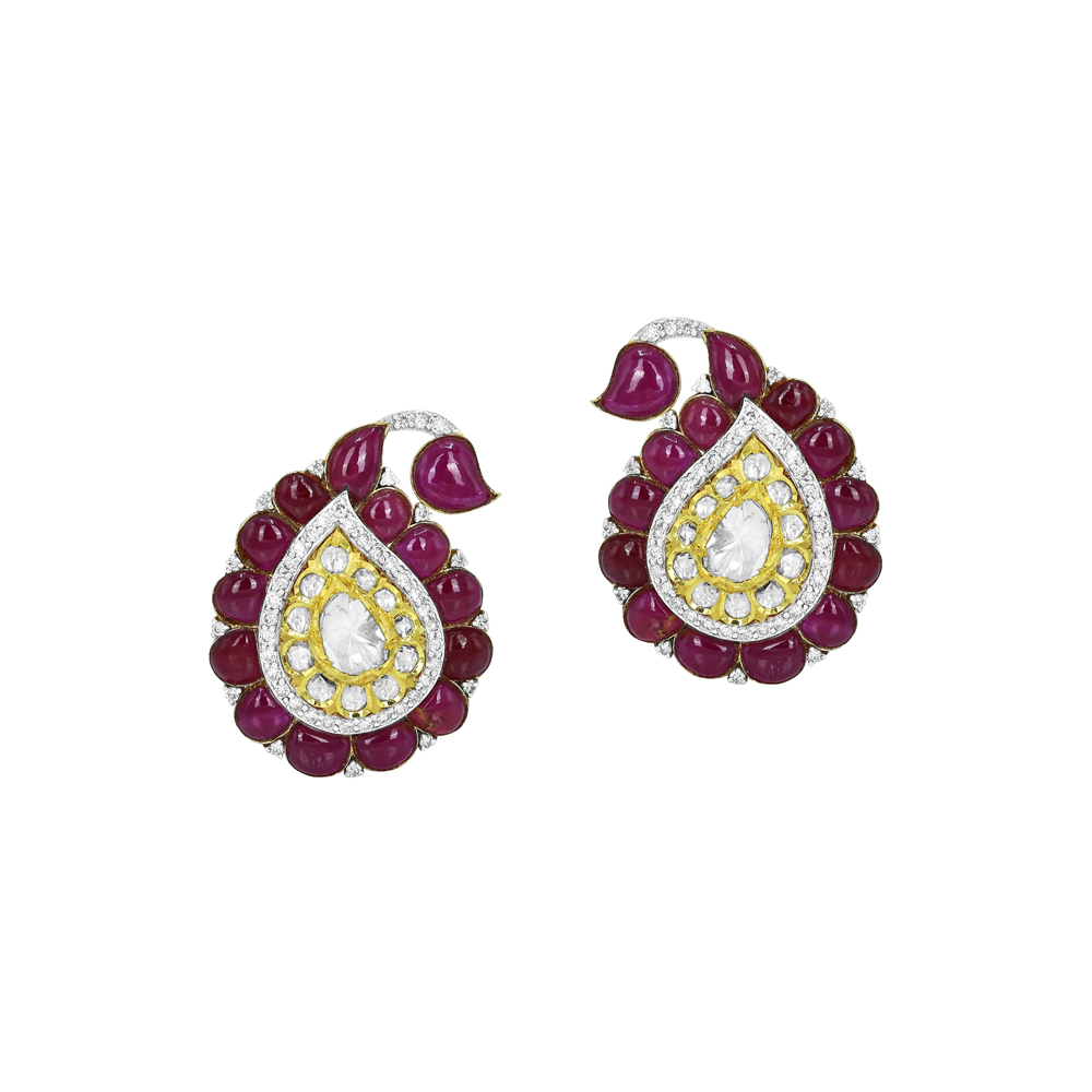 Red colourstone Cabochon Earrings with Polki Diamonds